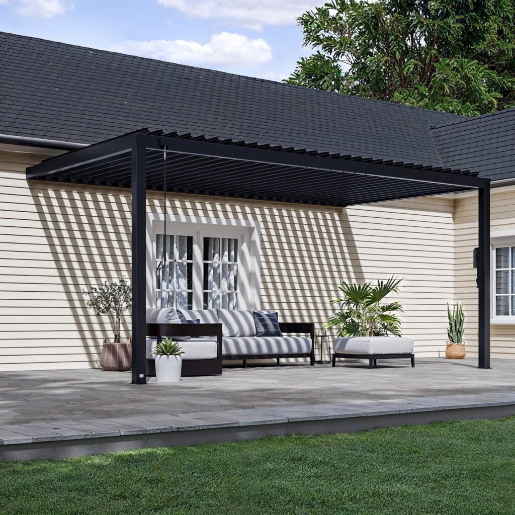 Backyard Discovery Evanston 18 x 10 wall-mounted louvered pergola