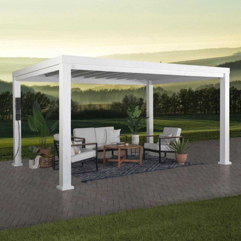 Backyard Discovery Windham 14 x 12 modern steel pergola with sail-shade canopy
