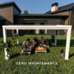 Windham Modern Steel 14 ft. x 12 ft. Pergola with Sail-Shade Canopy shown in an outdoor setting