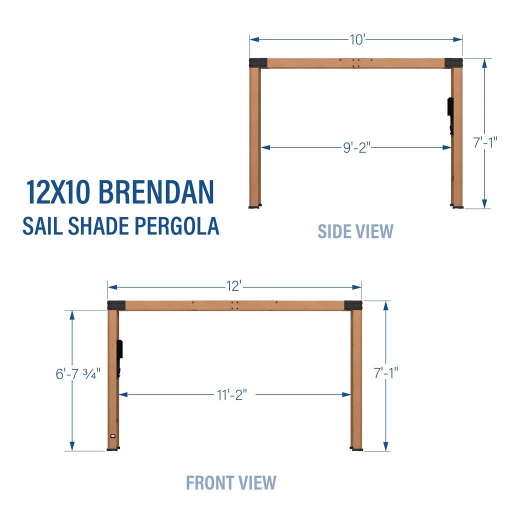 Brendan 12 ft. x 10 ft. Pergola with Sail-Shade Canopy dimensions diagram