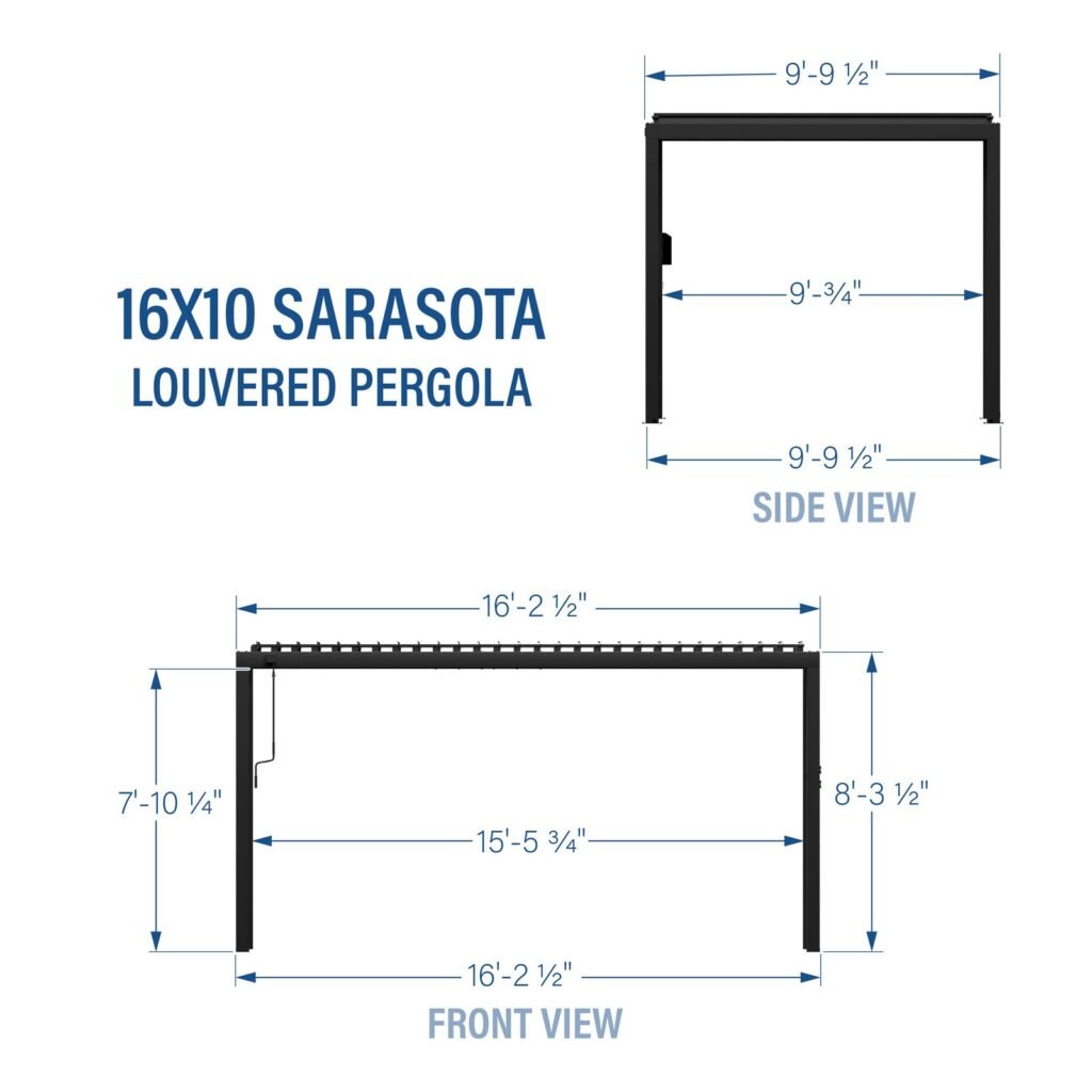 Backyard Discovery Sarasota 16 x 10 louvered pergola dimensions diagram