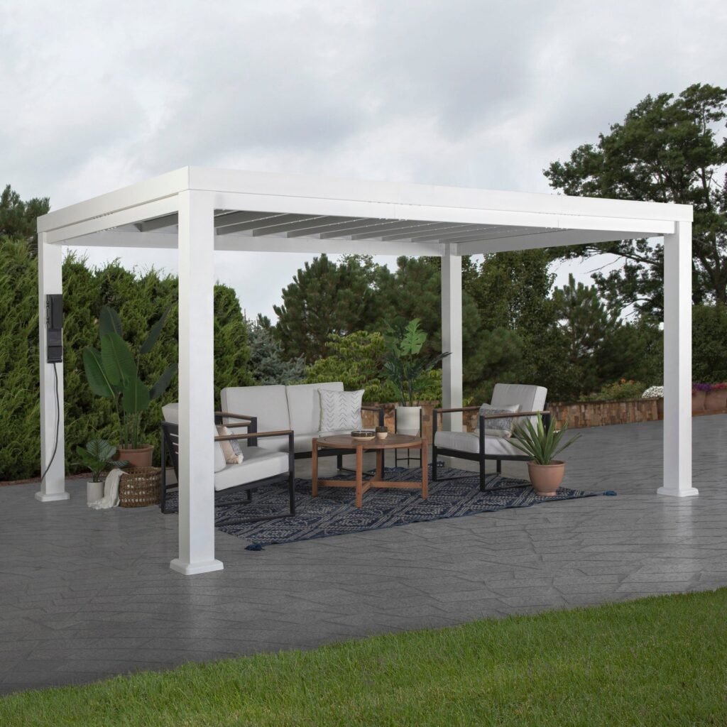 Backyard Discovery Windham 14 x 10 modern steel pergola with sail-shade canopy