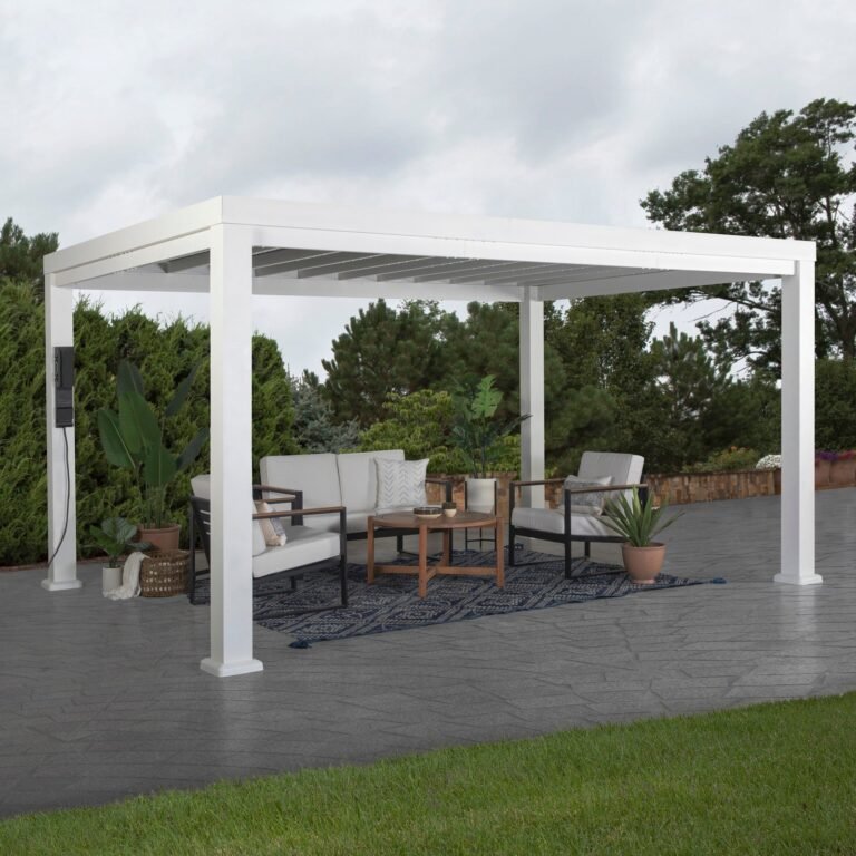 Backyard Discovery Windham 14 x 10 modern steel pergola with sail-shade canopy