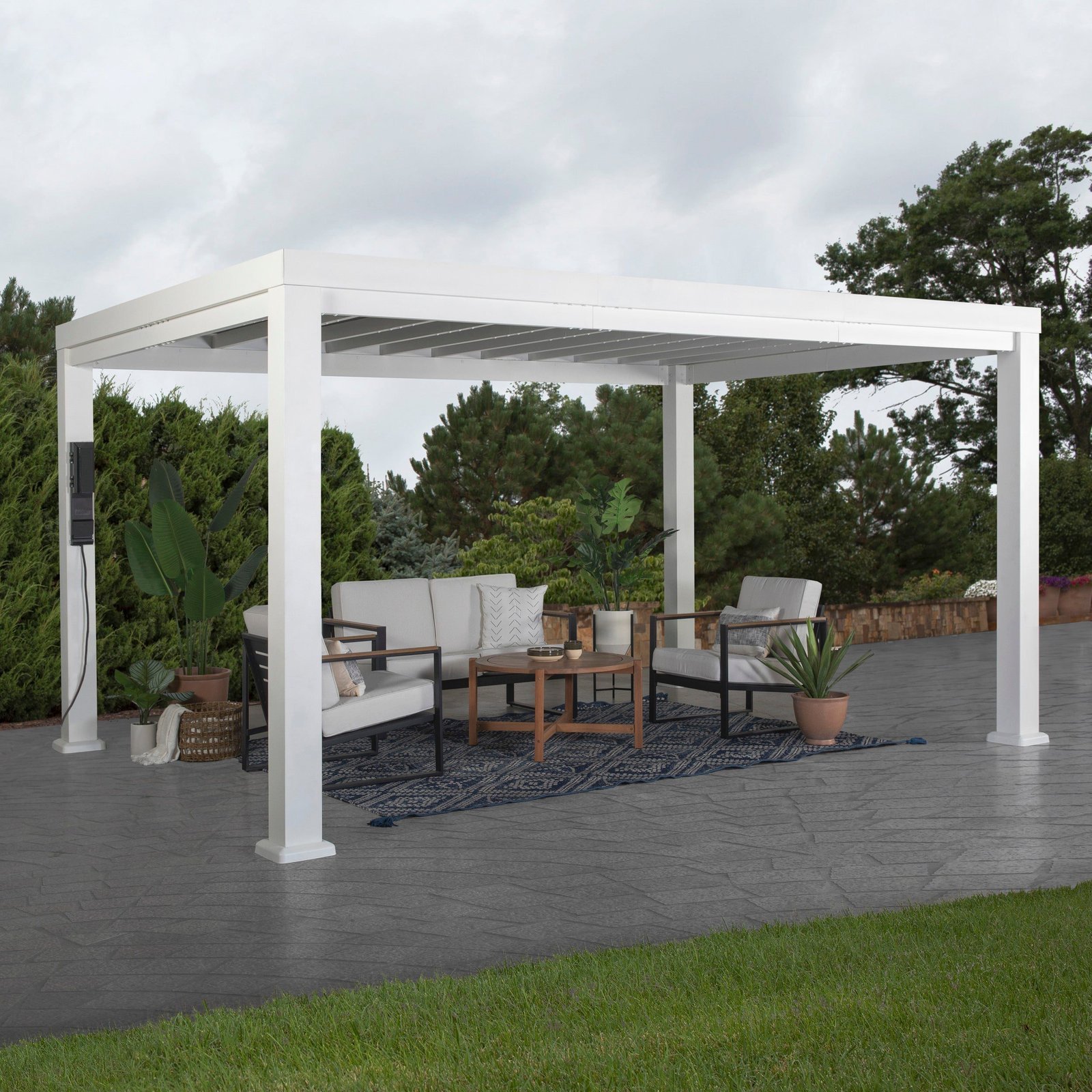 ModernPergolaMediumWhite.jpg Backyard Discovery Windham 14 x 10 modern steel pergola with sail-shade canopy
