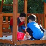 Backyard Discovery Skyfort II playset shaded lower sandbox-style play area