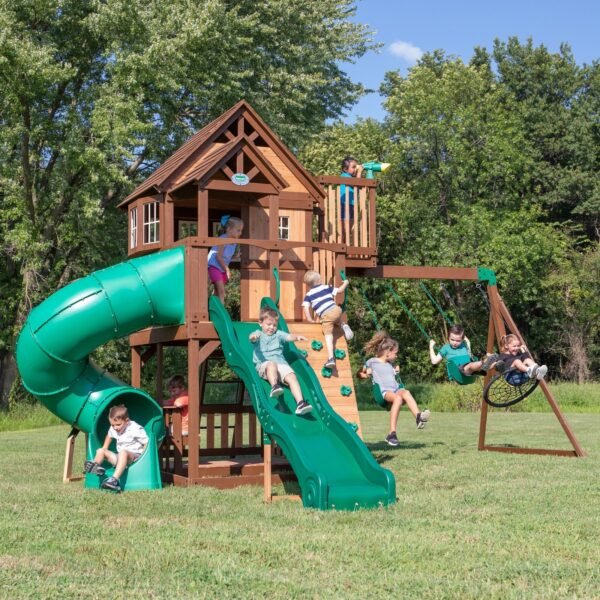 Backyard Discovery Skyfort II wooden playset with spiral tube slide