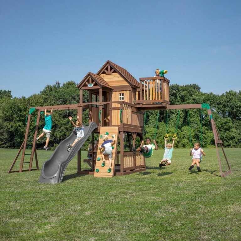 Backyard Discovery Skyfort II wooden backyard playset with wave slide