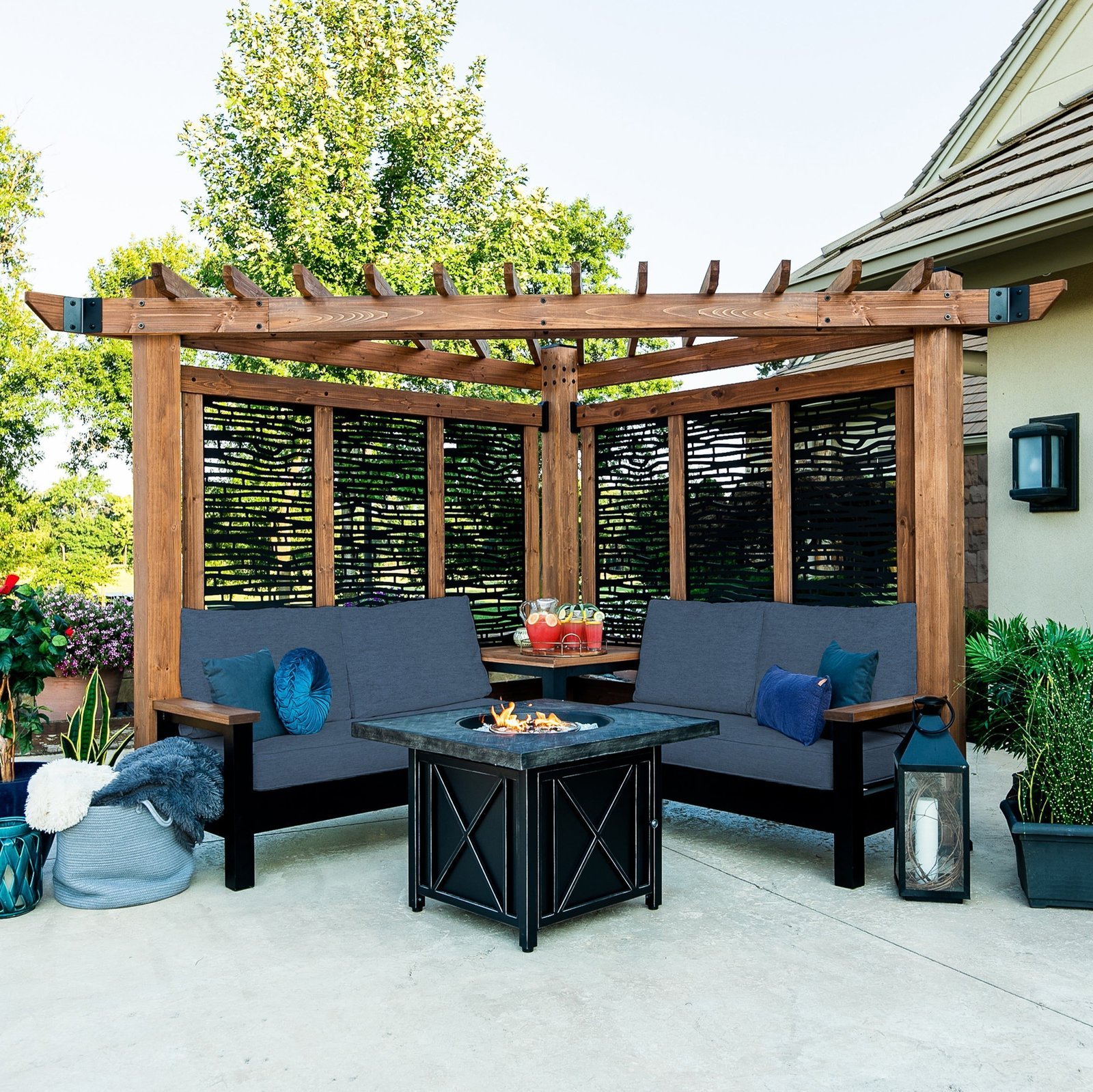 TuscanyBambooIndigo2.jpg Backyard Discovery Tuscany bamboo-panel corner pergola with Indigo cushions