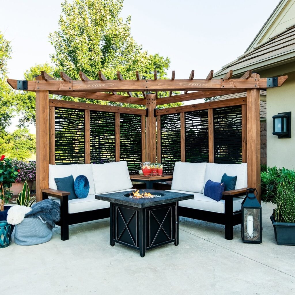 Backyard Discovery Tuscany bamboo-panel corner pergola with Pumice cushions