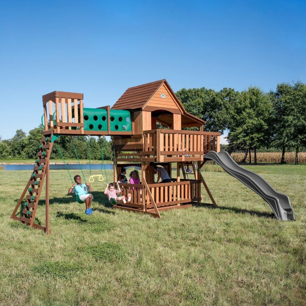 Backyard Discovery Woodridge Elite gray playset outdoor hero view