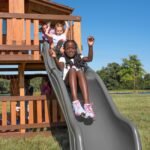 Backyard Discovery Woodridge Elite gray playset slide view