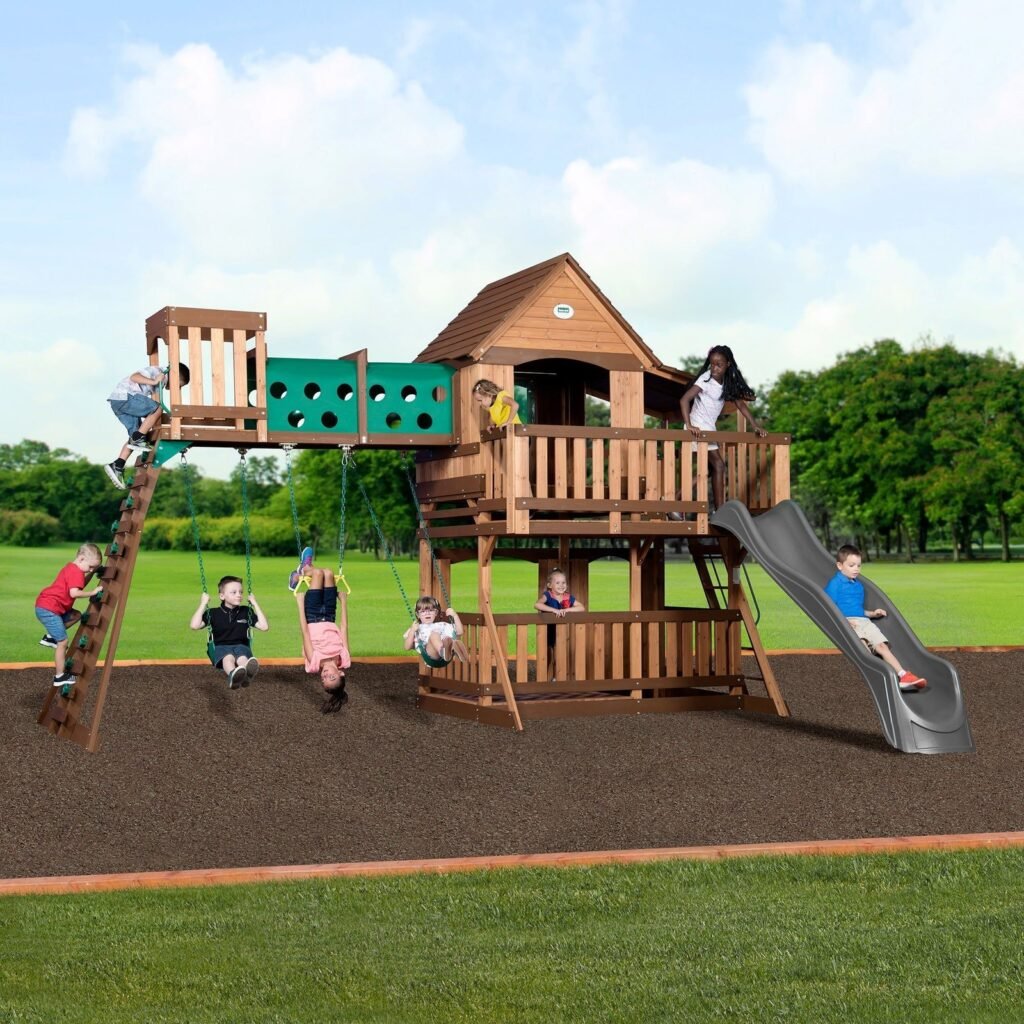 Backyard Discovery Woodridge Elite wooden backyard playset and swing set