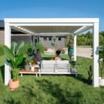 Windham Modern Steel 14 ft. x 10 ft. Pergola with Sail-Shade Canopy rear view