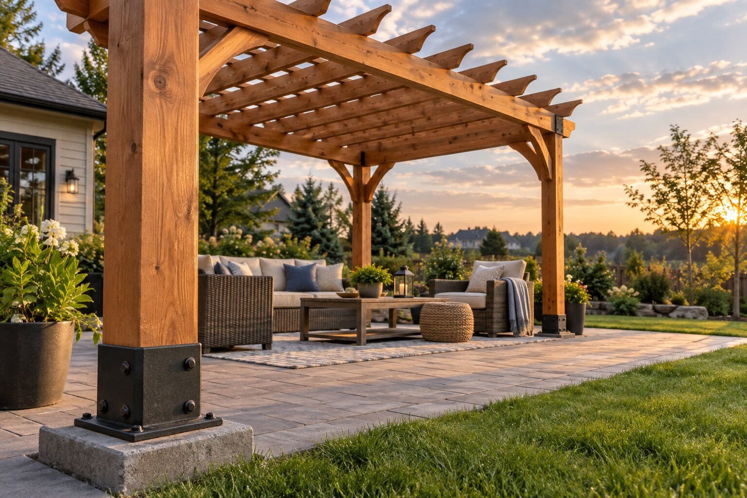 Cedar backyard pergola anchored to a concrete footing with a metal post base