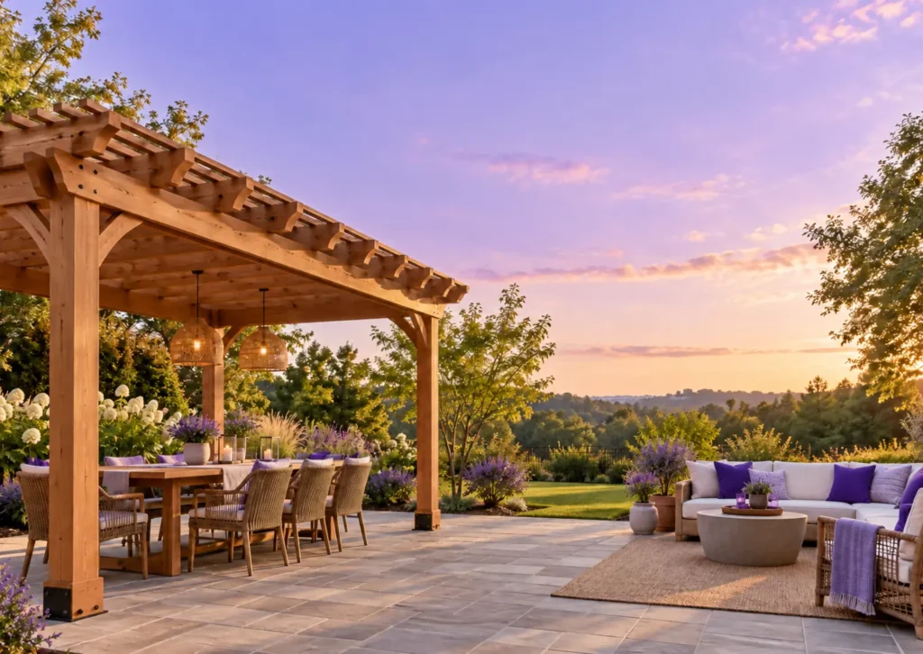 Cedar pergola with outdoor dining and purple accents