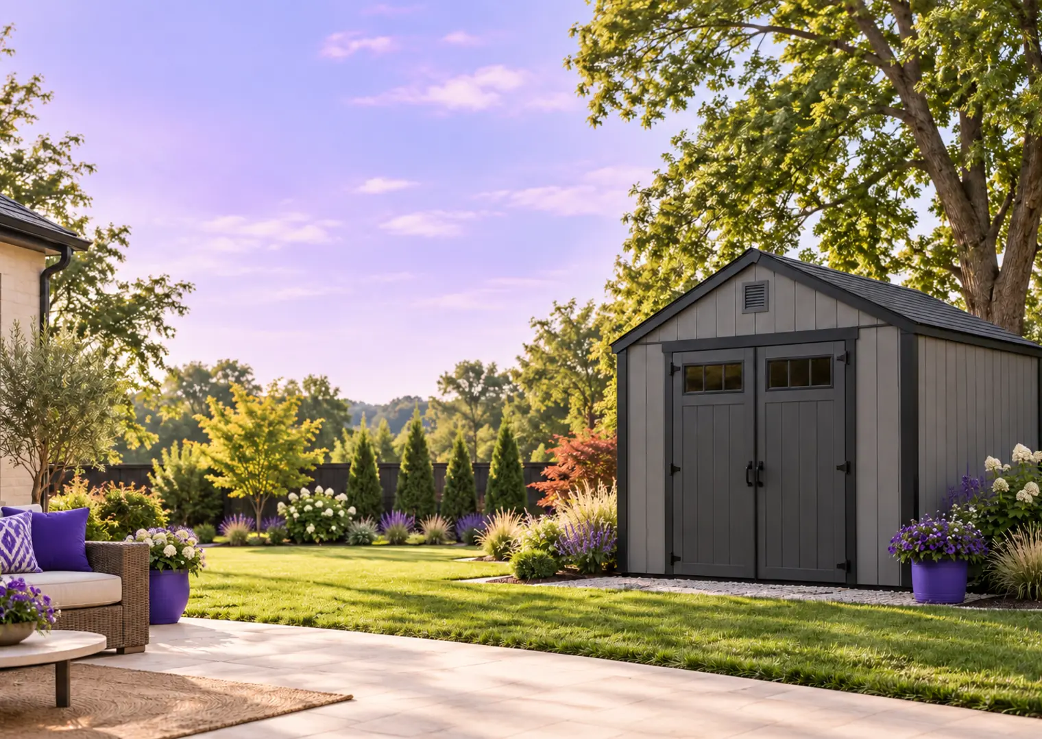 Modern gray storage shed in a landscaped backyard