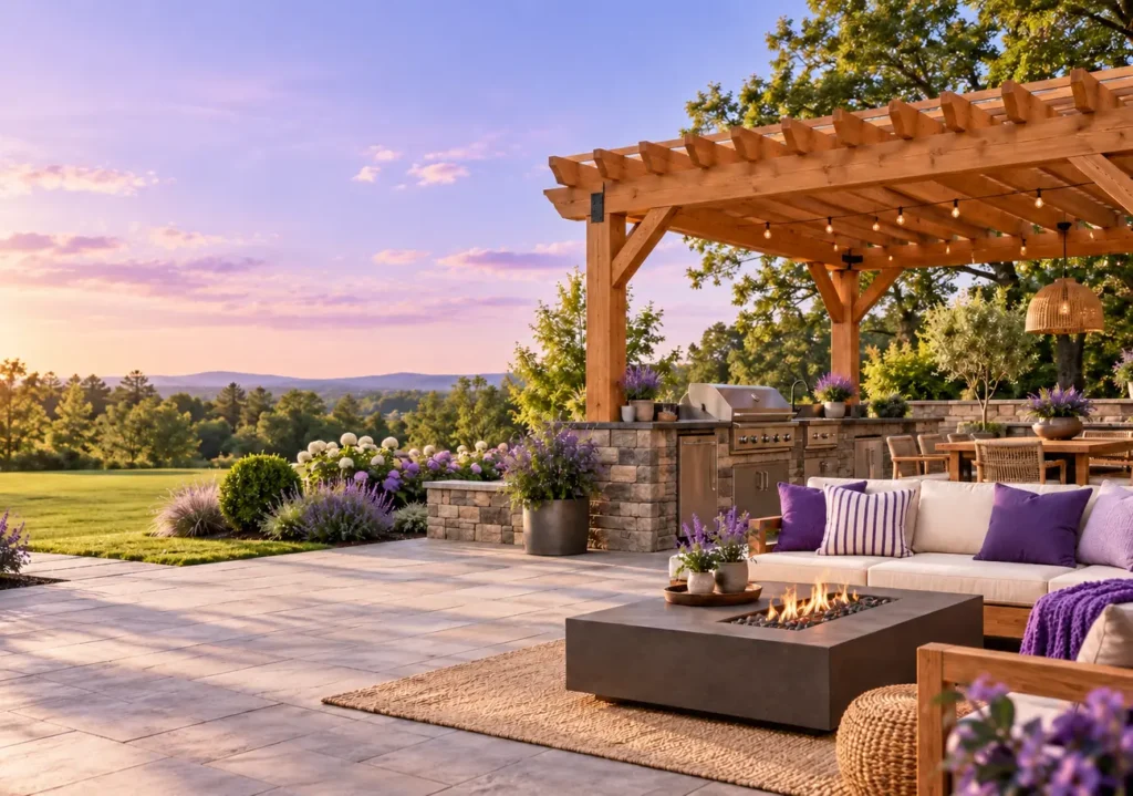 Pergola outdoor kitchen and lounge with purple accents